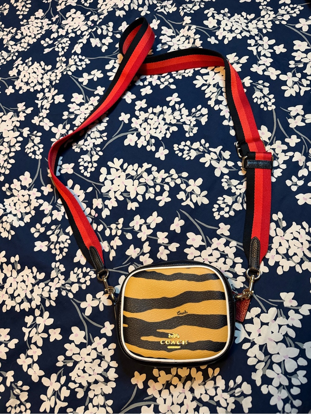 Coach Tiger-Print Square Crossbody with Red & Black Strap